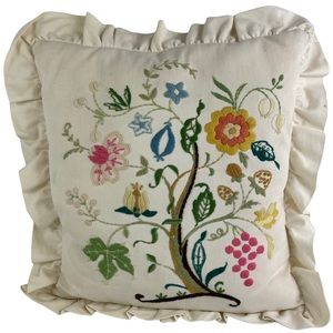 Vintage Boho Handmade Floral Embroidered Cream Accent Pillow 12” Cottage-core